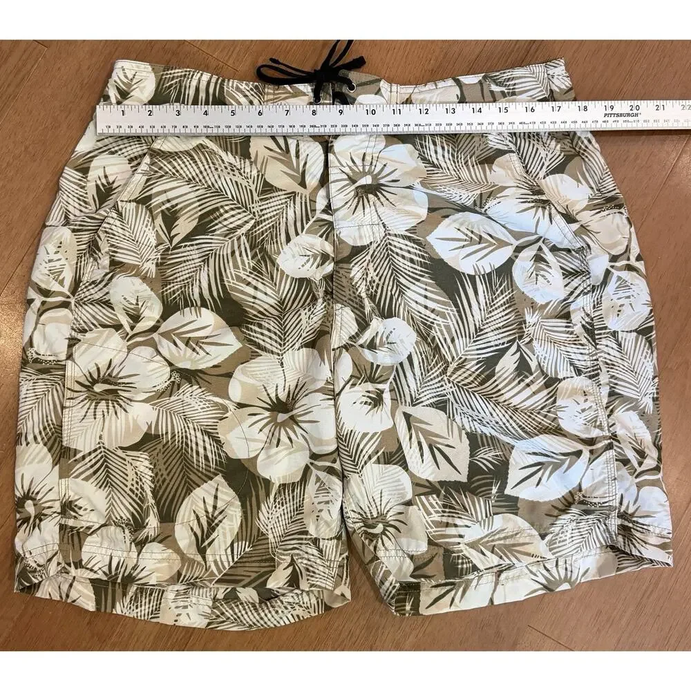 LL Bean Swim Trunks 36 Hawaiian Flowers Beige Supplex Nylon Lined Drawstring EUC